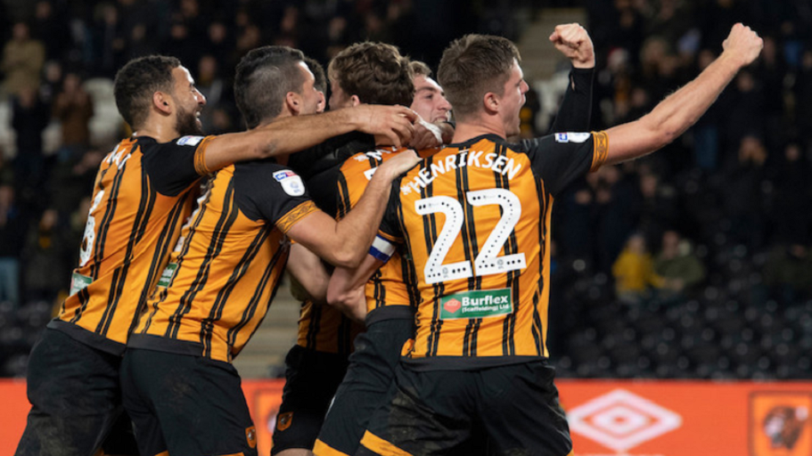 Hull City FC players celebrate after scoring in a 6-0 victory over Bolton Wanderers FC at the KCOM Stadium on Tuesday, January 1, 2019. PHOTO/HullCity