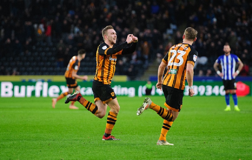 Hull City's Jarrod Bowen, left, celebrates scoring the opening goal with team-mate Stephen Kingsley during the Sky Bet Championship match between Hull City and Sheffield Wednesday at KCOM Stadium on January 12, 2019 in Hull, England. PHOTO/GettyImages