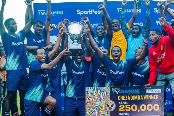 Ikuu Spider celebrate lifting the Cheza Dimba tournament in Meru. PHOTO| SportPesa