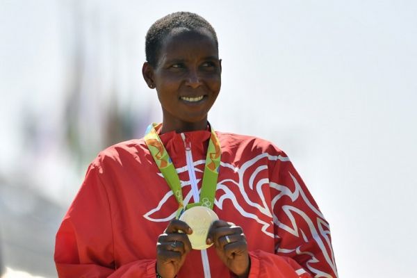 In this file photo taken on August 14, 2016, Olympic marathon silver medalist Eunice Jepkirui Kirwa of Bahrain reacts during the podium ceremony for the Women's Marathon at the athletics event at the Rio 2016 Olympic Games in Rio de Janeiro. The 35-year-old Kenyan-born Bahraini, who won marathon silver at the Rio Olympics in 2016, has been suspended for four years for doping, the Athletics Integrity Unit (AIU) announced on June 17, 2019. PHOTO | AFP