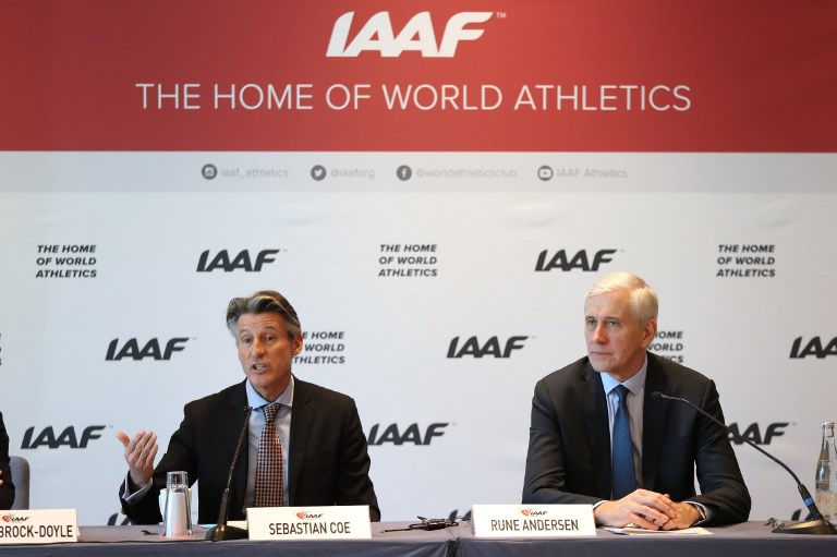 International Association of Athletics Federations (IAAF) President Sebastian Coe (L) and Independent chairperson of the IAAF Taskforce for Russia Rune Andersen hold a press conference in Monaco on December 4, 2018. The governing body of world athletics on December 4 maintained Russia's ban from track and field over mass state-backed doping, citing two conditions before the powerhouse can return to international competition. PHOTO/AFP