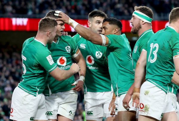 Ireland's fly-half Jonathon Sexton (2L) celebrates after scoring his team's first try during the Six Nations international rugby union match between Ireland and Scotland at the Aviva Stadium in Dublin, on February 1, 2020. PHOTO | AFP