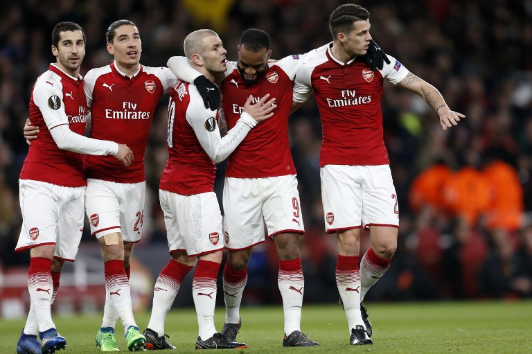 Jack Wilshere (centre) celebrates an Arsenal goal with former teammates (from L), Henrikh Mihkitaryan, Hector Bellerin, Alexandre Lacazette and Granit Xhaka. PHOTO/File