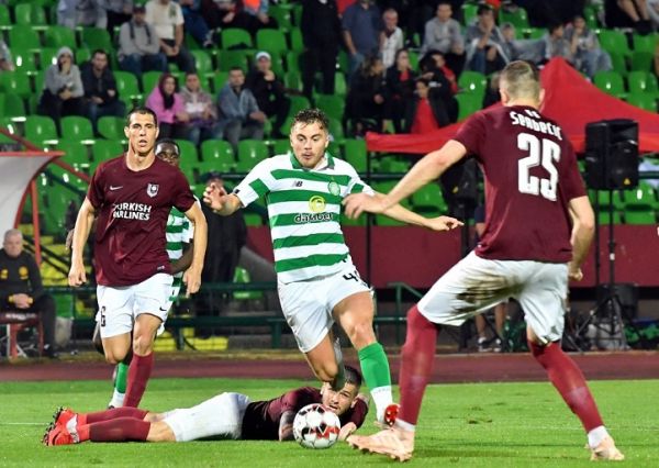 James Forrest of Celtic F.C. (C) vies with Besim Serbecic (R) of F.K. Sarajevo during the UEFA Champions League first round qualifier match between Sarajevo and Celtic Glasgow, in Sarajevo, on July 9, 2019. PHOTO | AFP