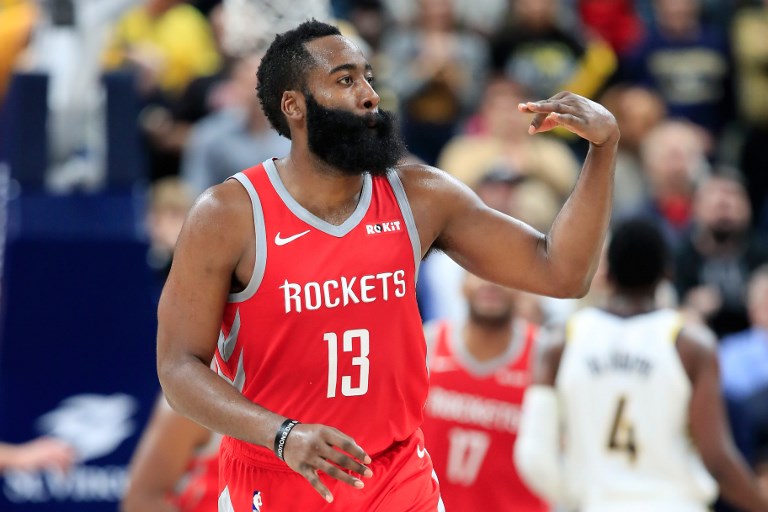 James Harden #13 of the Houston Rockets celebrates after making a three point shot late in the fourth quarter of the 98-94 win overthe Indiana Pacers at Bankers Life Fieldhouse on November 5, 2018 in Indianapolis, Indiana. PHOTO/AFP