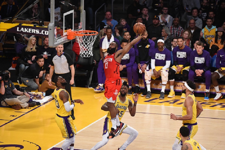 James Harden #13 of the Houston Rockets dunks the ball against the Los Angeles Lakers on February 21, 2019 at STAPLES Center in Los Angeles, California. PHOTO/GettyImages