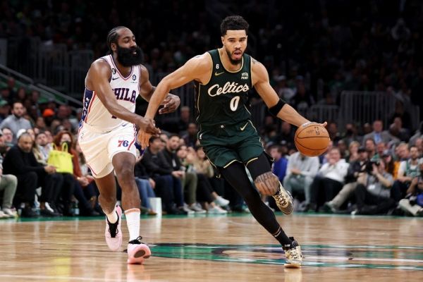 James Harden #1 of the Philadelphia 76ers defends Jayson Tatum #0 of the Boston Celtics during the second half at TD Garden on October 18, 2022 in Boston, Massachusetts. PHOTO | AFP