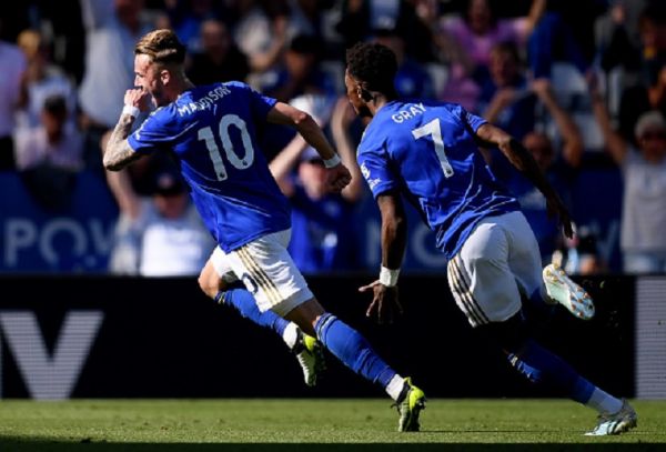 James Maddison of Leicester City (L) celebrates as he scores his team's second goal with Demarai Gray during the Premier League match between Leicester City and Tottenham Hotspur at The King Power Stadium on September 21, 2019 in Leicester, United Kingdom. PHOTO/ GETTY IMAGES