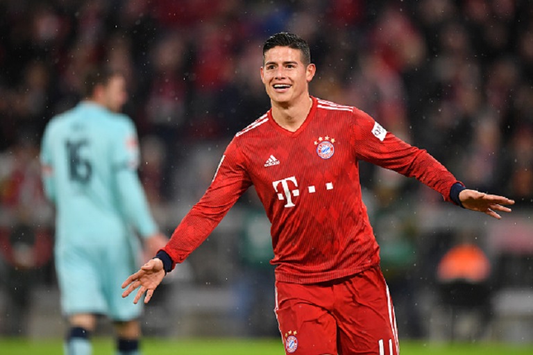 James Rodriguez of Bayern Munich celebrates scoring his teams fifth goal of the game during the Bundesliga match between FC Bayern Muenchen and 1. FSV Mainz 05 at Allianz Arena on March 17, 2019 in Munich, Germany. PHOTO/GettyImages