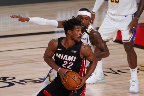 Jimmy Butler #22 of the Miami Heat dribbles during the second half against the Los Angeles Lakers in Game Three of the 2020 NBA Finals at AdventHealth Arena at ESPN Wide World Of Sports Complex on October 04, 2020 in Lake Buena Vista, Florida. PHOTO | AFP