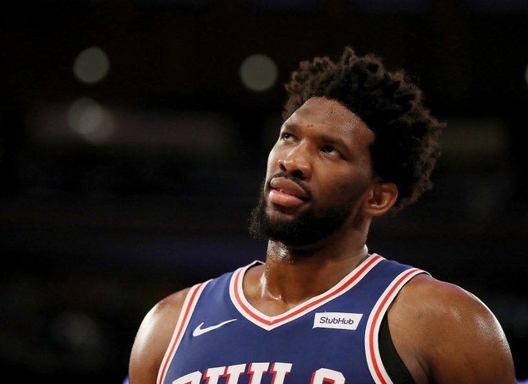 Joel Embiid of the Philadelphia 76ers looks on in the second half against the New York Knicks at Madison Square Garden on February 13, 2019 in New York City. PHOTO/AFP