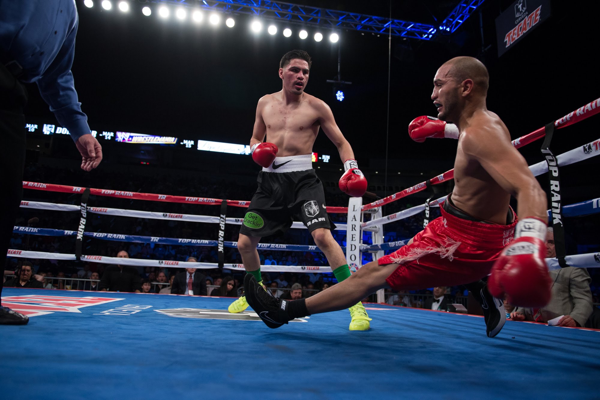 Jose Ramirez knocks down challenger Antonio Orozco in their WBC junior junior welterweight title on Friday night. PHOTO/Courtesy/YouTube
