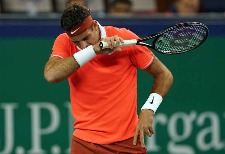 Juan Martín del Potro of Argentina reacts after a point against Borna Coric of Croatia during their men's singles third round match at the Shanghai Masters tennis tournament on October 11, 2018. PHOTO/AFP