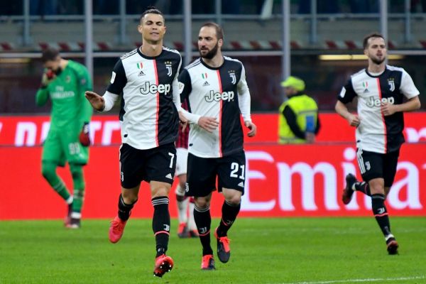 Juventus' Portuguese forward Cristiano Ronaldo (Front L) celebrates after scoring a penalty during the Italian Cup (Coppa Italia) semi-final first leg football match AC Milan vs Juventus Turin on February 13, 2020 at the San Siro stadium in Milan. PHOTO | AFP