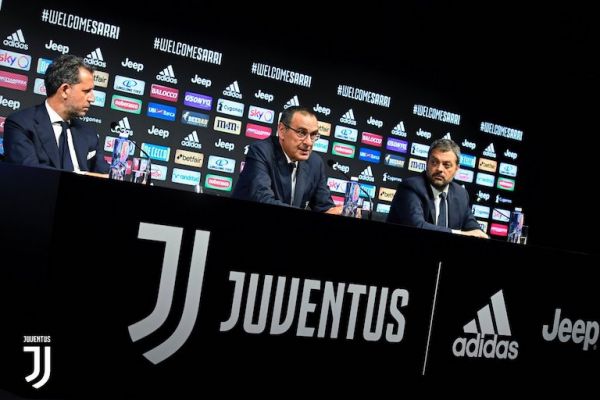 Juventus FC head coach, Maurizio Sarri (centre) addresses his first press conference at the Turin giants on June 20, 2019. PHOTO/Courtesy/Juventus FC