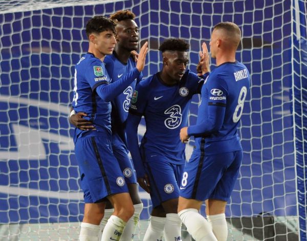 Kai Havertz of Chelsea, celebrates his goal with Hudson - Odoi and Ross Barkley during the English League Cup, EFL Carabao Cup, Round 3 football match between Chelsea and Barnsley on September 23, 2020 at Stamford Bridge in London, England. PHOTO | AFP