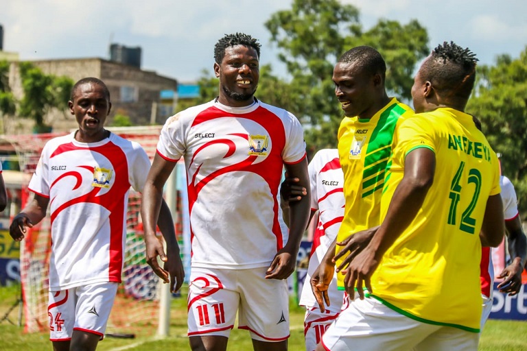 Kakamega Homeboyz FC striker, Allan Wanga (centre) celebrates scoring against Yanga SC at Afraha Stadium in Nakuru during the quarterfinals of the 2018 SportPesa Cup.PHOTO/FILE