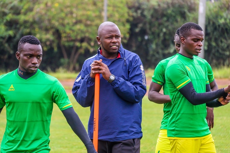 Kariobangi Sharks FC coach William Muluya with some players during a recent training session in Nairobi. PHOTO/SPN