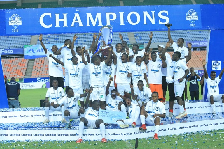 Kariobangi Sharks FC players celebrate after beating Bandari FC 1-0 to be crowned 2019 SportPesa Cup champions. PHOTO/SPN