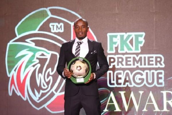 Kariobangi Sharks forward Erick Kapaito poses with his award during the Kenya Premier League Gala Award on Tuesday, September 15, 2021. PHOTO | Courtesy