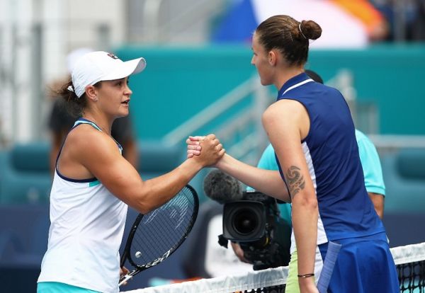 Karolina Pliskova of Czech Republic congratulates Ashleigh Barty of Australia in the final during day thirteen of the Miami Open tennis on March 30, 2019 in Miami Gardens, Florida. PHOTO | AFP