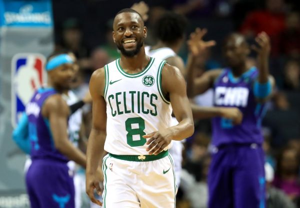 Kemba Walker #8 of the Boston Celtics reacts after a play against the Charlotte Hornets during their game at Spectrum Center on November 07, 2019 in Charlotte, North Carolina. PHOTO | AFP