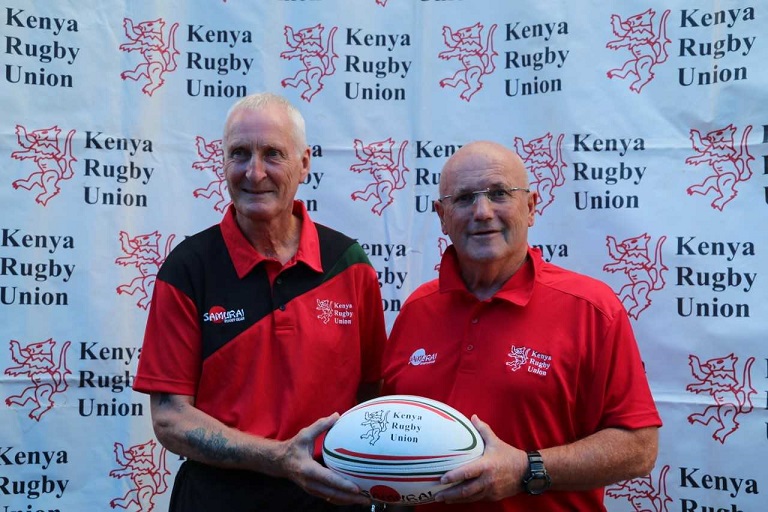 Kenya 15s Rugby Coach Ian Snook Robert (right) and his assistant Murray Roulston pose during their unveiling at the Kenya Rugby Union RFUEA Grounds headquarters in Nairobi on April 12, 2018. PHOTO/SPN