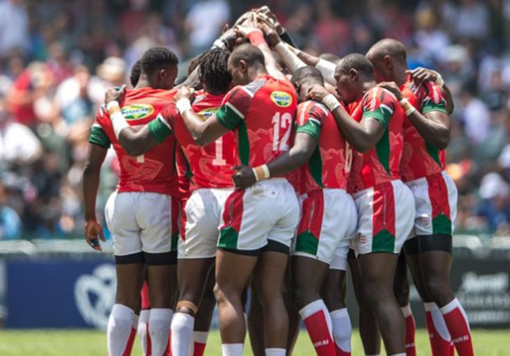 Kenya 7s Shujaa hurdle ahead of the start of a match in last season's Hong Kong 7s. PHOTO/Courtesy/KRU