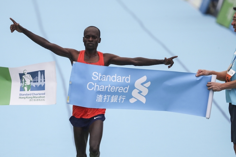 Kenya’s Barnabus Kiptum breaks the record for the men’s marathon in Hong Kong. PHOTO/Nora Tam/South China Morning Post