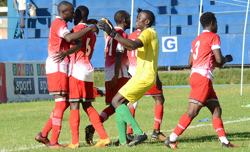 Kenya Harambee Stars celebrate a goal in a previous match. PHOTO/File