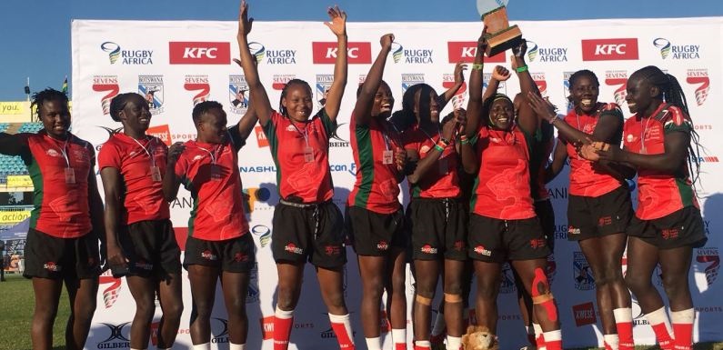 Kenya Lionesses celebrates after thrashing Uganda 29-7 in the final to win Rugby Africa Women’s Sevens Cup in Gaborone, Botswana in May 2018.PHOTO/KRU