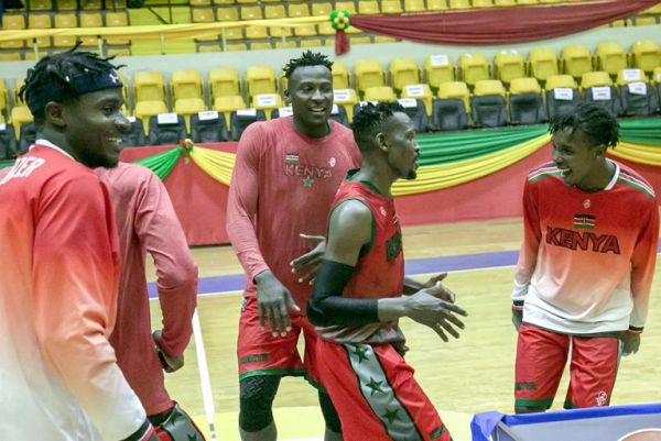 Kenya Morans celebrate after beating Tunisia in quarterfinals at the ongoing FIBA Afro Basketball Championships in Mali, Bamako on July 25, 2019. PHOTO/ FIBA.COM