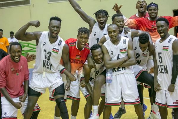 Kenya Morans celebrate after overcoming The Elephants of Ivory Coast 85-83 in the quarters of the ongoing 2019 FIBA AfroCan Basketball Championships in Mali, Bamako on July 24, 2019. PHOTO/KBF