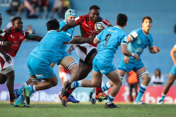 Kenya prop Andrew Siminyu charges at the defence in their World Rugby U20 Trophy 2019 Pool A match with Uruguay at the Estadio Martins Pereira in São Jose dos Campos, Brazil, on July 9, 2019. PHOTO/Brasil Rugby/Fotojump