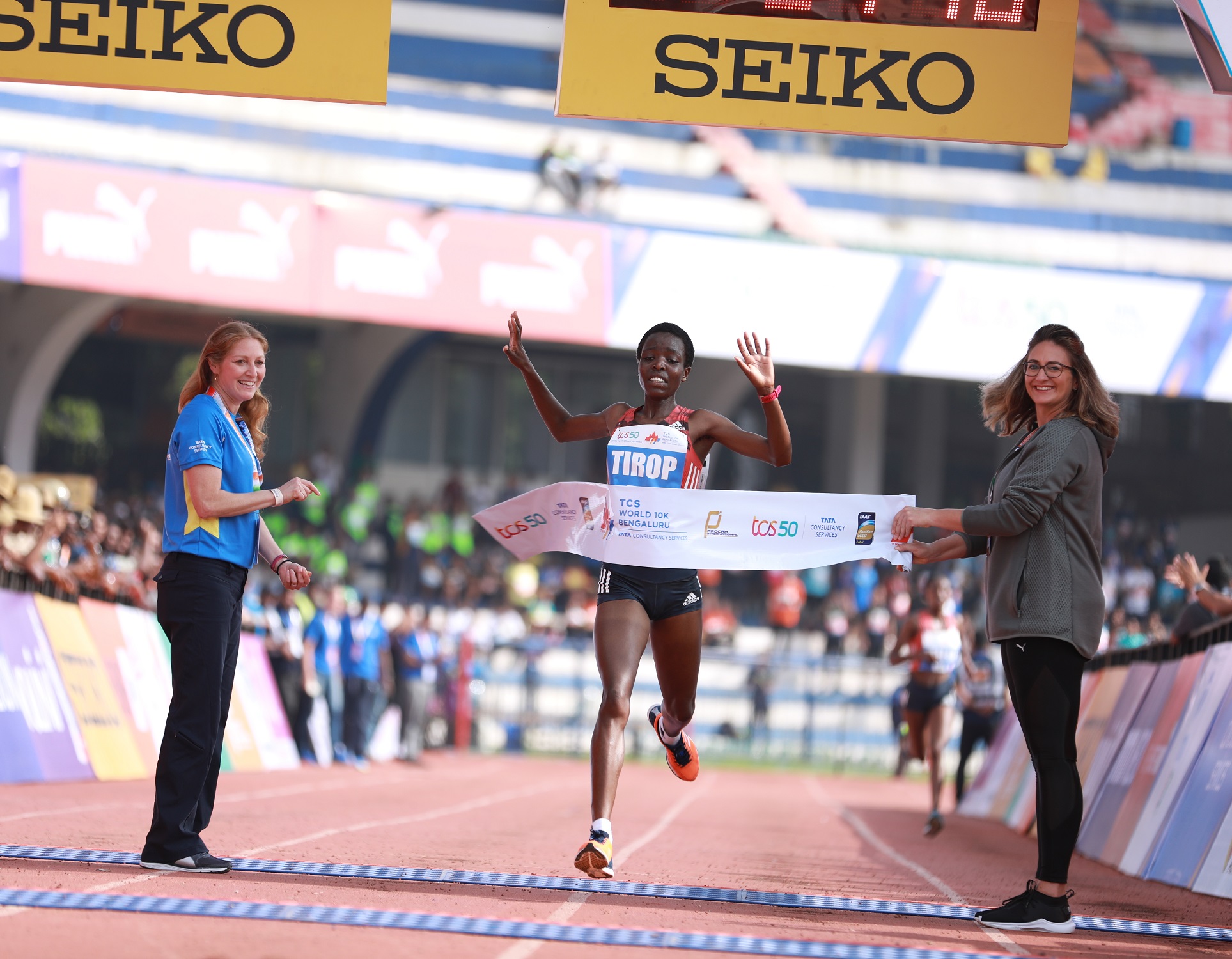 Kenya's Agnes Tirop winning at the TCS World 10K Bengaluru 2018. PHOTO/Organisers