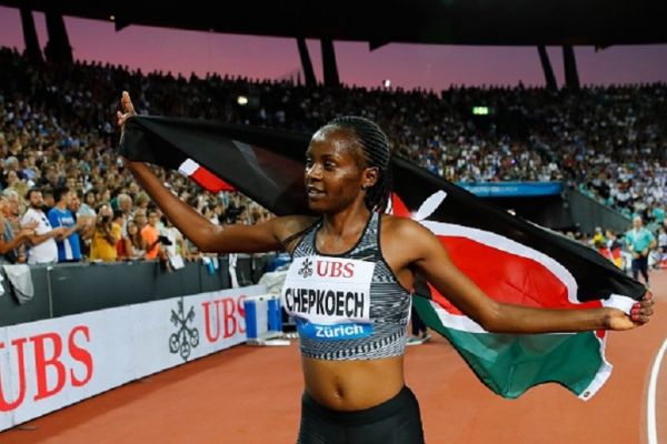 Kenya's Beatrice Chepkoech celebrates after winning the Women 3000m Steeplechase during the IAAF Diamond League competition on August 29, 2019, in Zurich. PHOTO/ GETTY IMAGES