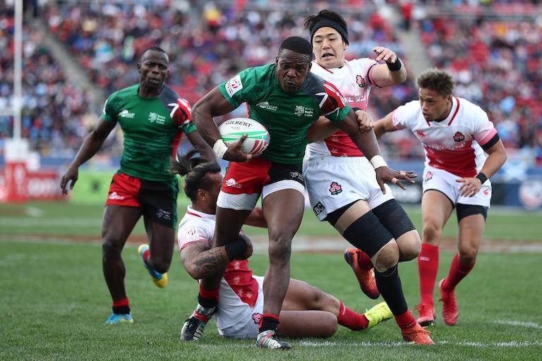 Kenya's Cyprian Kuto charges through the Japan defense on day two of the HSBC World Rugby Sevens Series in Las Vegas on 2 March, 2019. PHOTO/Mike Lee/KLC fotos for World Rugby