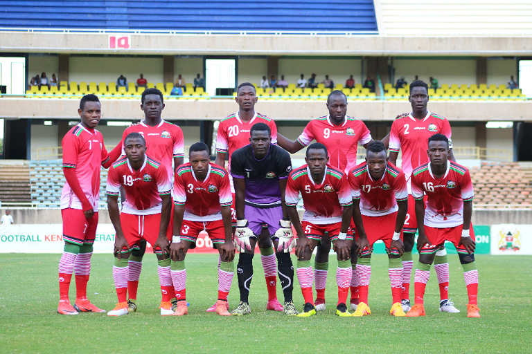 Kenya's Emerging Stars pose for a team photo prior to their Olympics Qualifier against Mauritius on Wednesday November 14, 2018, at the MISC Kasarani. PHOTO/ FKF