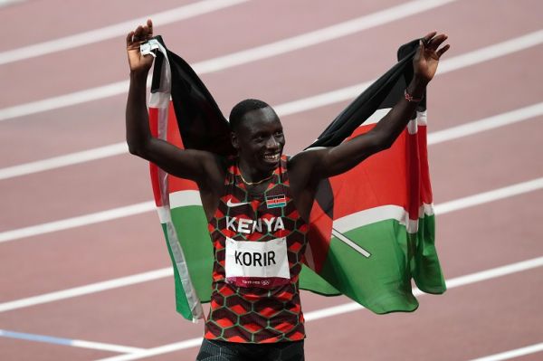 Kenya's Emmanuel Kipkurui Korir celebrates winning the men's 800m Final at the Olympic Stadium on the twelfth day of the Tokyo 2020 Olympic Games in Japan.