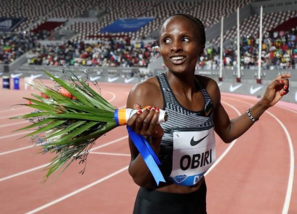 Kenya's Hellen Obiri celebrates after winning the women's 3000m during the IAAF Diamond League competition on May 3, 2019 in Doha. PHOTO/AFP