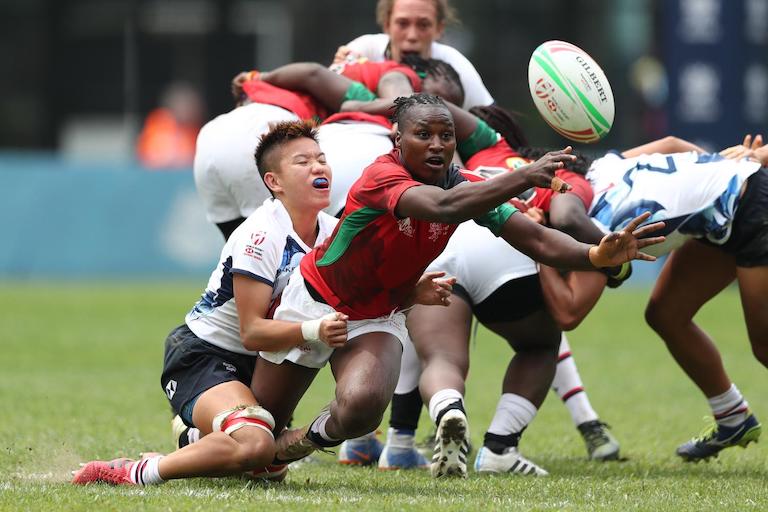 Kenya's Janet Okelo launches an attack against Hong Kong on day one of the World Rugby Women's Sevens Series Qualifier in Hong Kong on 4 April, 2019. PHOTO: Mike Lee /KLC fotos for World Rugby