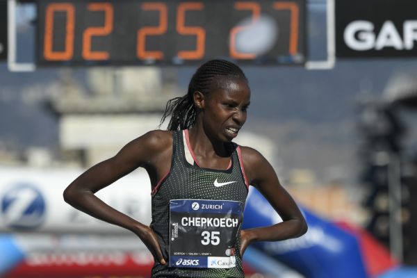 Kenya's Josephine Chepkoech reacts after crossing the line of the 2019 Barcelona marathon in Barcelona on March 10, 2019. PHOTO | AFP