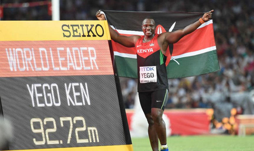 Kenya's Julius Yego poses after winning the world men Javelin title at the Beijing 2015 World Championships. PHOTO/File