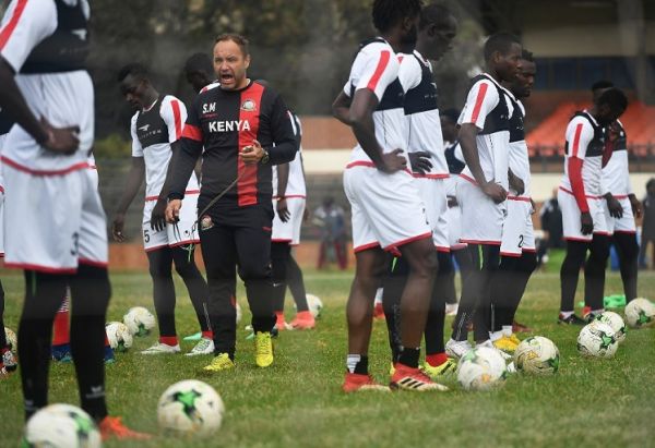 Kenya's national football team "Harambee Stars" French coach Sebastien Migne (L) leads a training session on September 5, 2018, in Nairobi, ahead of the 2019 Africa Cup of Nations qualification football between Kenya and Ghana held on September 8. PHOTO | AFP