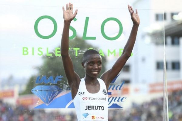 Kenya's Norah Jeruto Tanui reacts after winning the Women's 3000m Steeplechase during the IAAF Athletics Diamond League competition on June 13, 2019 at the Bislett Stadium in Oslo, Norway. PHOTO/AFP
