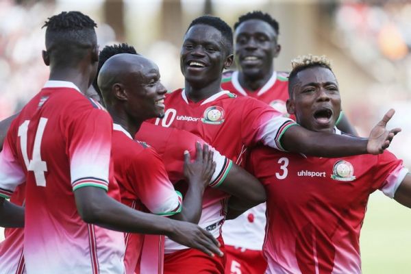 Kenya's players celebrate after scoring a goal during the AFCON 2019 qualifier match at Kasarani stadium in Nairobi, on October 14, 2018. PHOTO/AFP