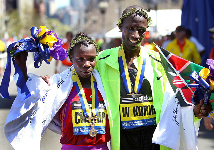 Kenya's Sharon Cherop (left) and Wesley Korir celebrate after being crowned the 2012 Boston Marathon champions. Korir, who is the immediate former MP for Cherangany, will be the star attraction at the Beirut Marathon on November 11, 2018. PHOTO/File