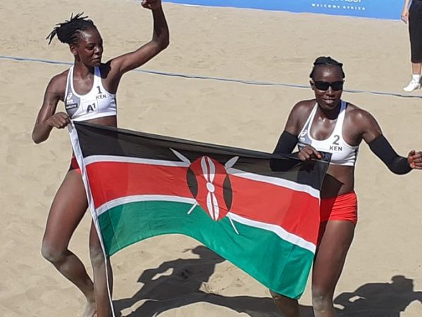 Kenyan duo of Naomi Too and Gaudencia Makokha celebrate after winning silver at the ongoing 12th edition of Africa Games in Morocco. PHOTO/ NOCK