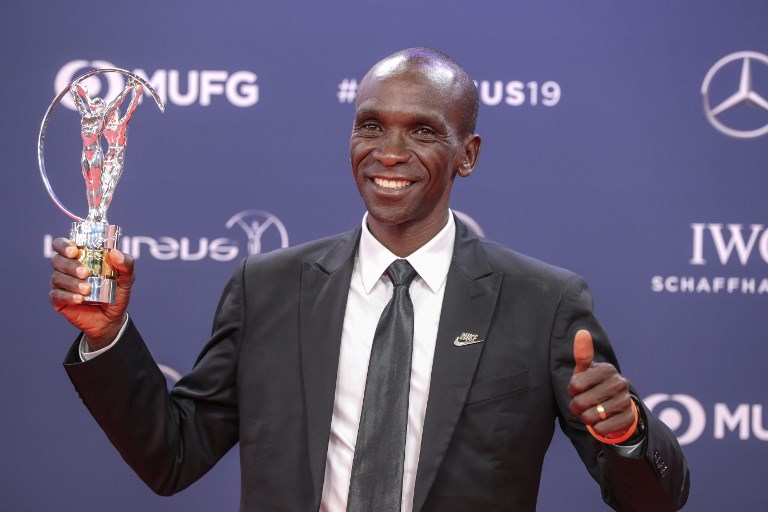 Kenyan Marathon runner Eliud Kipchoge, winner of the Laureus Academy Exceptional Award 2019 poses after receiving his award during the 2019 Laureus World Sports Awards ceremony at the Sporting Monte-Carlo complex in Monaco on February 18, 2019. PHOTO/AFP