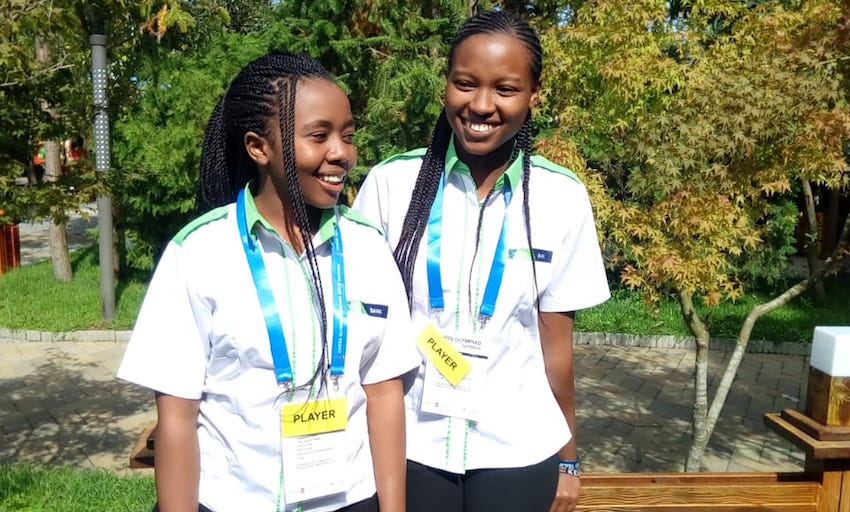 Kenyan players Sasha Mongeli (left) and Daphne Mwikali enjoy a light moment ahead of round seven of the 2018 World Chess Olympiad in Batumi Georgia. PHOTO/Courtesy